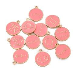 Alloy Enamel Pendants, Golden, Flat Round with 12 Constellation Charm, Pink, 21.5x18x2mm, Hole: 1.8mm(ENAM-XCP0001-45B-02)