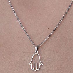 201 Stainless Steel Hamsa Hand Pendant Necklace, Stainless Steel Color, 17.72 inch(45cm)(NJEW-OY001-39)