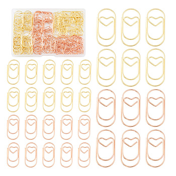 200Pcs 4 Style Carbon Steel Paper Clips, Bookmark Marking Clips, Oval with Heart, Golden & Rose Gold, 20~30x9~14.5x1mm