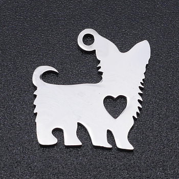 201 Stainless Steel Silhouette Charms, Dog with Heart, Stainless Steel Color, 14x15x1mm, Hole: 1.4mm