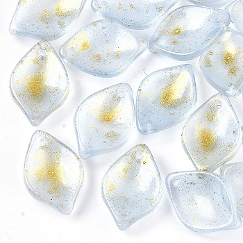 Transparent Spray Painted Glass Pendants, with Glitter Powder, Frosted, Petal, Light Blue, 19x13x4.5mm, Hole: 1mm