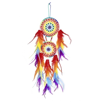 Iron Woven Web/Net with Feather Pendant Decorations, with Plastic Beads, Flat Round, Colorful, 665mm