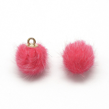Faux Mink Fur Covered Charms, with Golden Tone Brass Findings, Round, Cerise, 21x18~19mm, Hole: 2mm