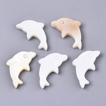 Natural Freshwater Shell Beads, Half Drilled, Dolphin, Creamy White, 14x24~25x3mm, Half Hole: 1mm