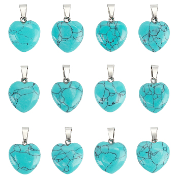 Heart Dyed Synthetic Turquoise Pendants, with Platinum Tone Brass Findings, 17~19x15~16x5~6mm, Hole: 2x7mm, 50pcs/box