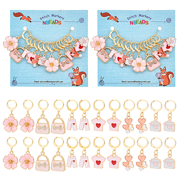 12Pcs 6 Style Pink Theme Locking Stitch Markers for Valentine's Day, Alloy Enamel Charm Stitch Marker with 304 Stainless Steel Hoop, Golden, 3.2~4cm, 2pcs/style