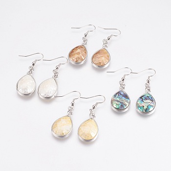 Shell Dangle Earrings, with Platinum Tone Brass Findings, teardrop, Mixed Color, 47mm, Pin: 0.7mm