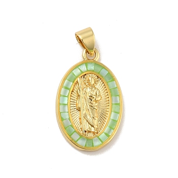 Brass Charms, with Shell, Cadmium Free & Lead Free, Long-Lasting Plated, Oval with Virgin Mary, Real 18K Gold Plated, Lime Green, 22.5x14x3.5mm, Hole: 3.5x3mm