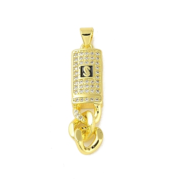 Brass Micro Pave Cubic Zirconia Pendants, with Enamel, Real 18K Gold Plated, Clear, 33x9x4mm, Hole: 5.3x3.5mm
