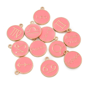 Alloy Enamel Pendants, Golden, Flat Round with 12 Constellation Charm, Pink, 21.5x18x2mm, Hole: 1.8mm