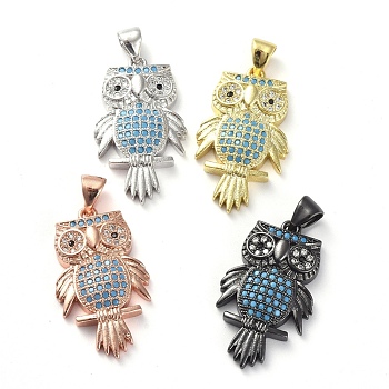 Brass Micro Pave Cubic Zirconia Pendants, Owl, Colorful, Mixed Color, 25x14.5x4mm, Hole: 4x4mm