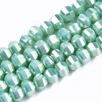 Electroplate Glass Beads Strands, AB Color Plated, Faceted, Round, Turquoise, 6x4.5mm, Hole: 1.2mm, about 98~99pcs/strand, 17.32~17.71 inch(44~45cm)