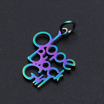 Ion Plating(IP) 201 Stainless Steel Pendants, with Jump Rings, Word Dope Black Girl, Rainbow Color, 20x16x1mm, Hole: 3mm