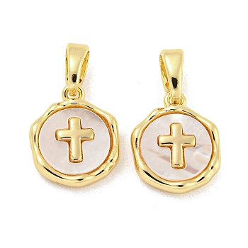Brass Pave Shell Charms, Flat Round with Cross Charm, Real 18K Gold Plated, 12x10x2.5mm, Hole: 4.8x2.7mm