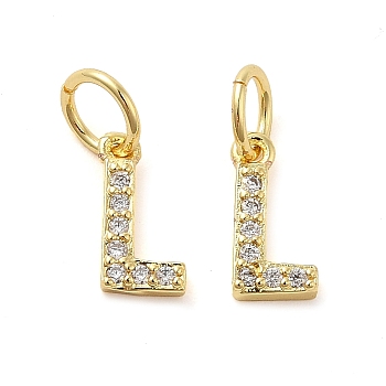 Brass Micro Pave Cubic Zirconia Pendants, with Jump Ring, Letter L, 8~9x4.5~9.5x1.5mm, Hole: 3.6mm