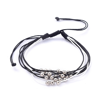 Waxed Polyester Cord Braided Bead Bracelets, Multi-strand Bracelets, with Iron Round Beads, Black, 1-5/8 inch~4 inch(4.3~10.2cm)