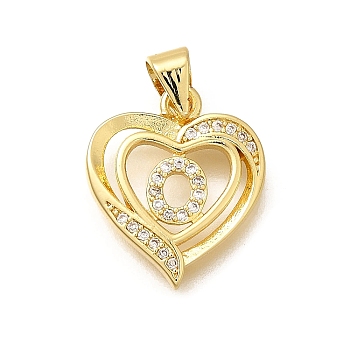 Rack Plating Brass Micro Pave Cubic Zirconia Pendants, Long-Lasting Plated, Lead Free & Cadmium Free,Real 18K Gold Plated, Heart with Letter Charms, Letter O, 17.5x15x2.5mm, Hole: 5x3mm