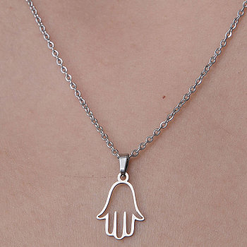 201 Stainless Steel Hamsa Hand Pendant Necklace, Stainless Steel Color, 17.72 inch(45cm)