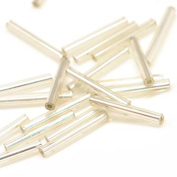 Silver Lined Transparent Glass Bugle Beads, Clear, 20x2.5mm, Hole: 0.5mm, about 2000~2500pcs/bag