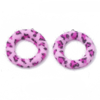 Faux Mink Fur Covered Pendants, with Aluminum Bottom, Ring, Magenta, 40x35.5x4.5mm, Hole: 1mm