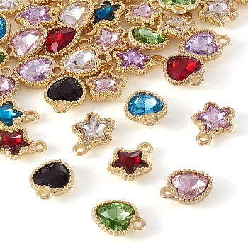 48Pcs 12 Style Glass Pendants, with Light Gold Alloy Finding, Star & Heart Charms, Mixed Color, 13x10.5x4mm, Hole: 2mm, 4Pcs/style