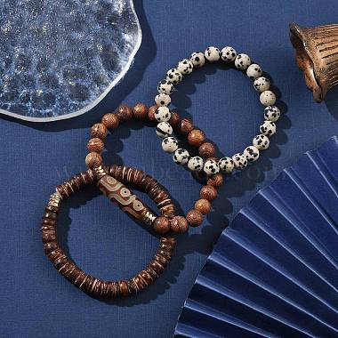 Ensemble de bracelets extensibles en perles de dalmatien naturel et de bois de coco de style 3pcs 3(BJEW-JB09863)-2