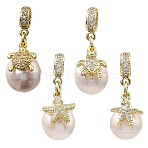 Brass Micro Pave Clear Cubic Zirconia European Dangle Charms, with Natural Baroque Pearl Keshi Pearl, Round with Turtle/Starfish, Golden, 26.5~29.5mm, Hole: 4mm(PALLOY-JF05895-01)