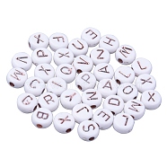 Opaque White Acrylic Beads, Metal Enlaced, Flat Round with Rose Gold Plated Random Letters, 7x3.5mm, Hole: 1.8mm, about 1480pcs/200g(sgMACR-SZ0001-11)