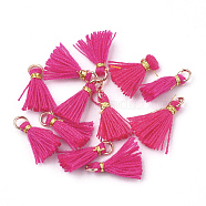 Polycotton(Polyester Cotton) Tassel Pendant Decorations, Mini Tassel, with Iron Findings and Metallic Cord, Light Gold, Deep Pink, 10~15x2~3mm, Hole: 1.5mm(X-FIND-S281-18)