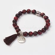 Natural Tiger Eye Beads Stretch Bracelets, with Brass & Alloy Findings & Tassel Pendants, Frosted, Round & Buddha Head, Burlap Packing, 2-1/8 inch(53mm)(BJEW-JB02812-03)