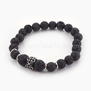 Natural Lava Rock Beads Stretch Bracelets, with 304 Stainless Steel Finding, Cross, 2-1/4 inch(5.6cm)(BJEW-JB03959-01)