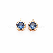 Brass Charms, with Rhinestone, Nickel Free, Flat Round, Real 18K Gold Plated, Sapphire, 7x5x3mm, Hole: 1mm(KK-S364-161C)