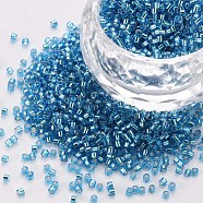 Glass Cylinder Beads, Seed Beads, Silver Lined, Round Hole, Dodger Blue, 1.5~2x1~2mm, Hole: 0.8mm, about 80000pcs/bag, about 1pound/bag(SEED-S047-R-004)