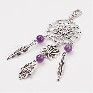 Alloy Pendant Decorations, with Natural Amethyst and Brass Lobster Claw Clasps, Lotus & Hamsa Hand/Hand of Fatima/Hand of Miriam & Feather, Purple, 96.5mm, Pendant: 83x29x7mm(HJEW-JM00291-05)