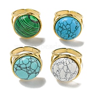 304 Stainless Steel Open Cuff Rings, Synthetic Malachite & Turquoise Round Finger Rings for Women Men, Real 18K Gold Plated, Adjustable(RJEW-C079-07G)