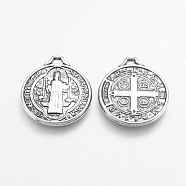CCB Plastic Pendants, Flat Round with San Benito, Antique Silver, 25x22x2mm, Hole: 1.5x2mm(CCB-P005-069)