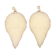 (Defective Closeout Sale: Yellowing), Electroplate Druzy Resin Big Pendants, with Iron Findings, Leaf, Light Gold, Light Gold, 57x27x3mm, Hole: 1.5mm(RESI-XCP0002-01LG)