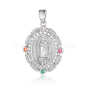 Brass Micro Pave Colorful Cubic Zirconia Pendants, Oval with Virgin Mary Charms, Platinum, 26x19x2.7mm(ZIRC-OY001-03P)