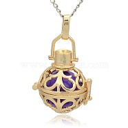Golden Tone Brass Hollow Round Cage Pendants, with No Hole Spray Painted Brass Round Beads, Blue Violet, 33x24x21mm, Hole: 3x8mm(KK-J235-02G)
