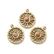 304 Stainless Steel Pave Natural Rhodonite Sun Charms, Real 14K Gold Plated, 14.5x12x3mm, Hole: 1.4mm(STAS-B074-05G-01)