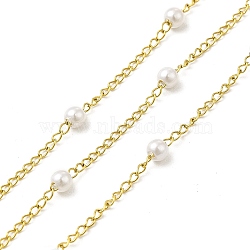 Ion Plating(IP) 316 Surgical Stainless Steel Curb Chains, Plastic Pearl Round Charm Chain, Soldered, with Spool, Real 18K Gold Plated, Link: 2x1.5x0.5mm, Round: 3mm(CHS-I019-01B-1)