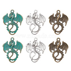 6Pcs 3 Styles Alloy Dragon Pendants, Mixed Color, 34.5~35x27~28x2mm, Hole: 2.5mm, 2pcs/style(FIND-FS0001-76)