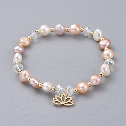 Charm Bracelets, with Natural Cultured Freshwater Pearl Beads, Glass Beads, Brass Round Spacer Beads and Brass Pendants, Lotus Flower, with Burlap Bags, Seashell Color, 2-1/8 inch(5.3cm)(BJEW-JB04925-05)