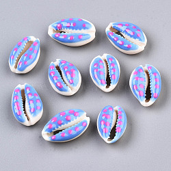 Natural Cowrie Shell Beads, with Enamel Polka Dot Pattern, No Hole/Undrilled, Royal Blue, 16~19x10~12.5x7mm(SHEL-Q312-006F)