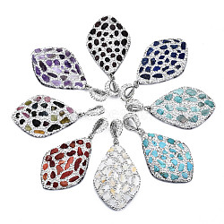 Polymer Clay Rhinestone Pendants, with Gemstone Chip/Natural Shell Chip and PU Leather, Horse Eye, Platinum, 50~51x32~33x7~8mm, Hole: 9x5mm(RB-S056-16A-P)