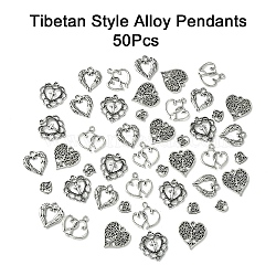 50Pcs 5 Styles Tibetan Style Alloy Pendants, Heart, Antique Silver, 9~21.5x9~20x1.3~3mm, Hole: 0.8~2.5x0.8~3mm, 10pcs/style(FIND-YW0004-61)