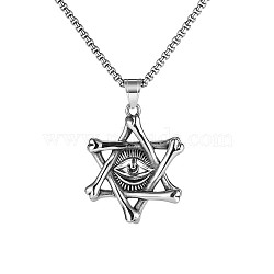 Stainless Steel Pendant Necklaces, Star of David with Eye, Antique Silver, 23.62 inch(60cm)(WG36489-01)