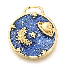 Brass Enamel Pendants, Long-Lasting Plated, with Glitter Powder, Flat Round with Planet & Moon Charm, Golden, 20x17.5x3mm, Hole: 5.5x2mm(KK-S049-11G)