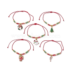 5Pcs 5 Styles Adjustable Electroplate Glass Braided Bead Bracelet Sets, Christmas Tree & Candy Cane Alloy Enamel Charm Stackable Bracelets for Women, Mixed Color, Inner Diameter: 3-1/8 inch(7.9cm), 1pc/style(BJEW-JB10380)