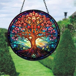 Stained Acrylic Window Hanger Panel, with Metal Chain and Jump Rings, for Suncatcher Window Hanging Decoration, Tree, 150x2mm(PW-WG32847-03)